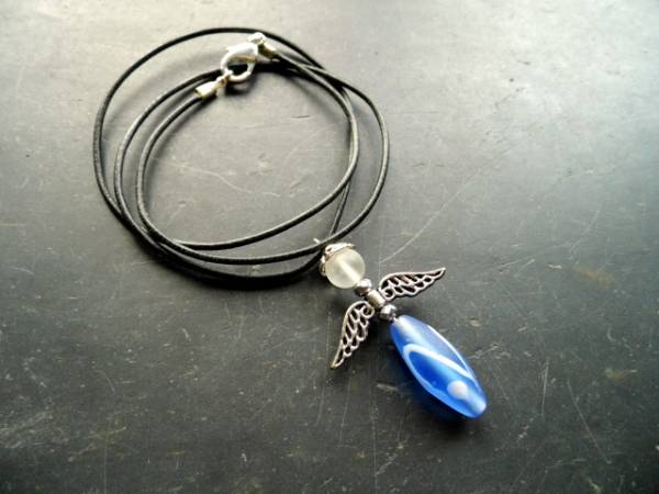 Kette, Engel, Lederband, Glas, Schutz, Frauen, Schmuck, Mädchen, blau